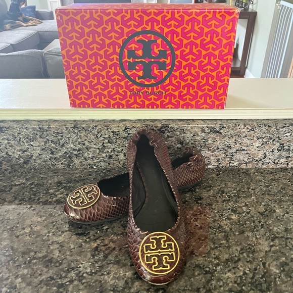 Tory Burch Shoes - Classic Brown Faux Snake Skin Tory Burch Minnie Ballet Flats, Size 10